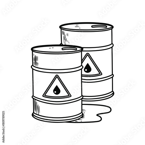 Two hazardous waste barrels with a spill isolated on white background