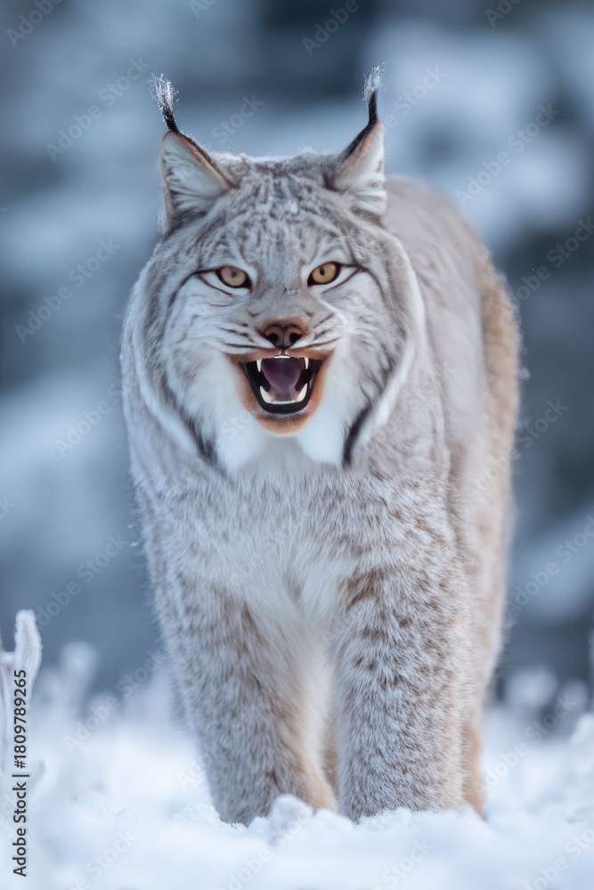 Obraz premium Close up portrait of a lynx displaying teeth in a snowy winter landscape