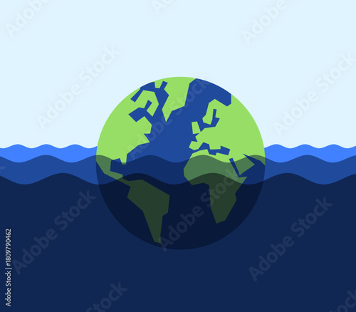 Sinking planet Earth because of sea level rise. Climate change, global warming and glaciers melting leading to flooding and rising water in ocean and sea level rise. Vector illustration.