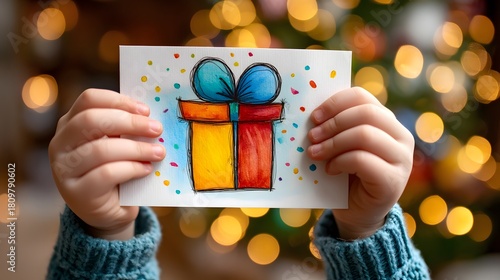 Child holding a drawing of a gift box. The drawing is colorful and festive, with a blue ribbon and a red and yellow box. The child is holding the drawing with both hands, and the image has a joyful