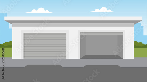 Closed and open garage doors in flat style. Car parking in city area. Vector stock
