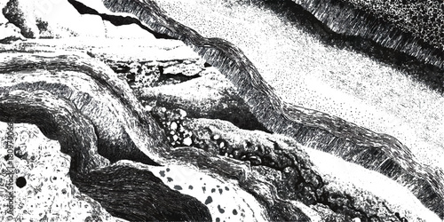 Abstract natural rock formation backdrop with stratified stone .surface grungy black rugged geological structure background design .