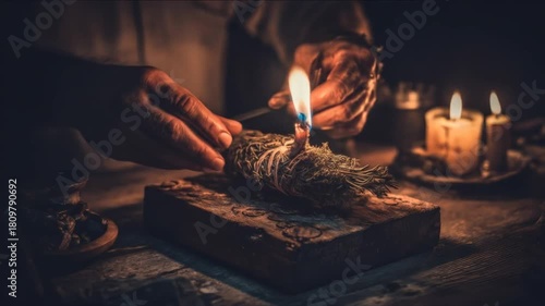 A person lights herbs with a candle, wooden block in frame, surrounded by candles