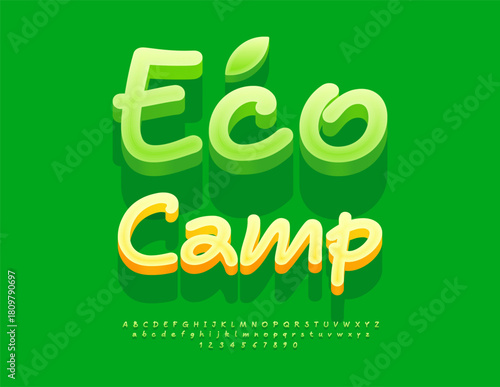Vector Touristic flyer Eco Camp. Modern Handwritten Green Font. Creative set of 3D Alphabet Letters and Numbers