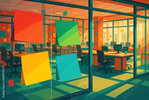 Vibrant Office Space with Colorful Sticky Notes and Modern Workstations