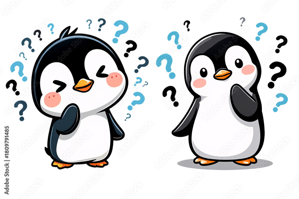 Obraz premium Two cute penguins wondering isolated on transparent background