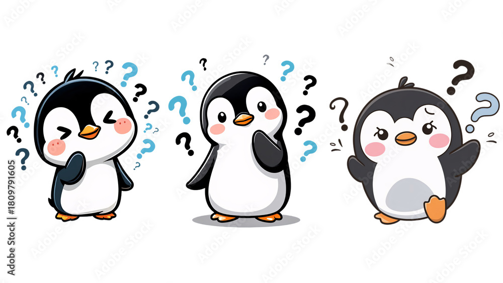Naklejka premium Three confused cartoon penguins isolated on transparent background