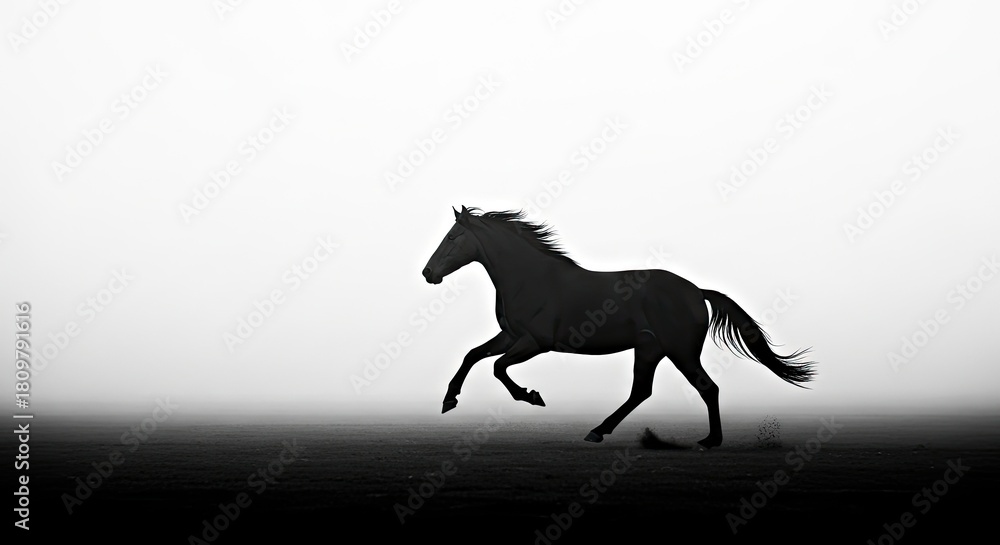 Fototapeta premium Horse Silhouette in Foggy Mountain Glade Landscape Scene