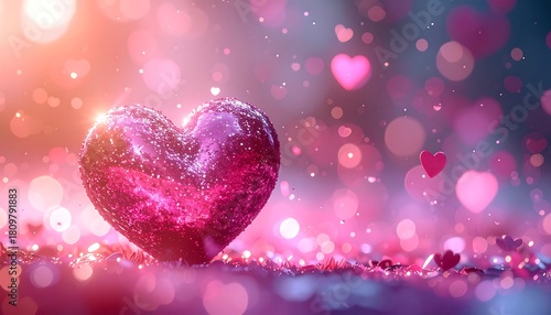 Sparkling heart nestled in soft focus pink hues, with bokeh highlights, exudes a romantic, festive ambiance