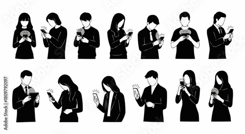 Diverse group of people engrossed in their smartphones in a modern illustration style.