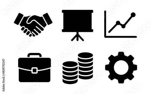 Business icons set: silhouette style handshake, graph, briefcase, coins, gear