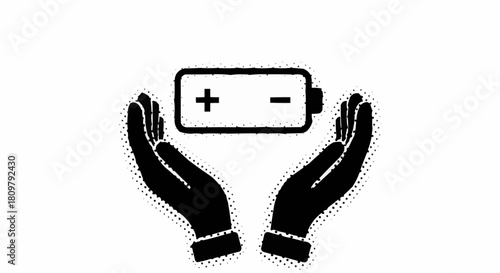 Hands cradling battery symbol representing energy and power conservation.