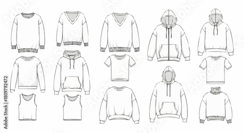 Assortment of Fashion Apparel Sketches - Hoodies, Sweatshirts, and Tank Tops.