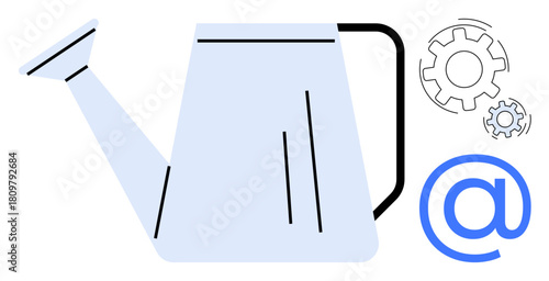 Minimalist watering can alongside rotating gears and email at sign. Ideal for growth, nurturing, technology, innovation, digital communication, teamwork, and productivity. Simple flat metaphor