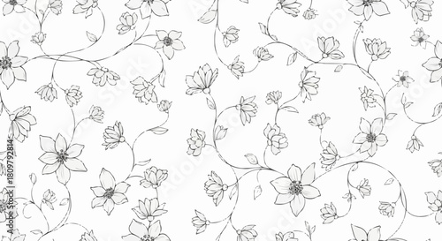 Delicate Hand-Drawn Floral Pattern with Blooming Flowers and Twisting Vines.