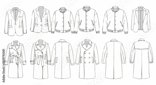 Fashionable Outerwear Collection - Coats and Jackets Line Art.