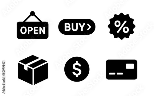 Shopping and e-commerce icons: open sign, buy button, discount, package, currency, credit card