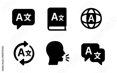 Multilingual communication icons in flat design for global interaction and translation