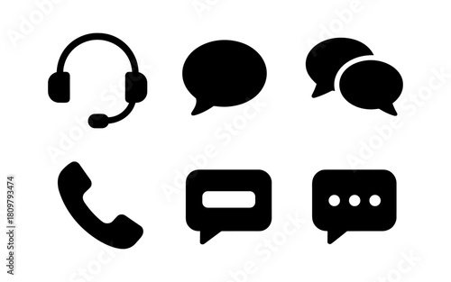 Communication icons set: headset, phone, and chat bubbles in silhouette style