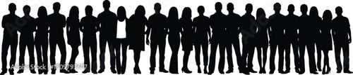 Large group of diverse people silhouettes standing in a row, crowd of men and women vector illustration isolated on white.