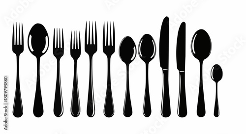 Collection of Black Silhouettes of Various Cutlery Items.