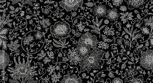 Floral pattern in black and white, intricate design, detailed flowers, leaves and vines.