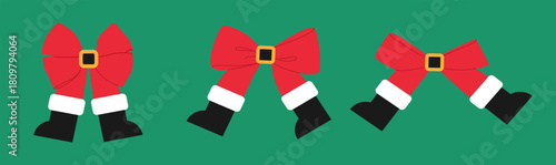 Funny Christmas decor, red bows decorated with Santa's black boots, belt with buckle hand drawn in flat style, decoration for card, frame, banner for New Year. Isolated vector illustration EPS10