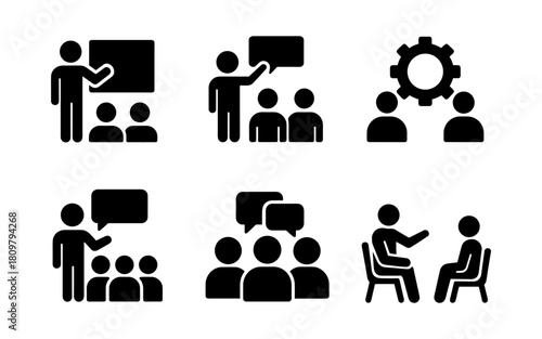 Silhouette icons of teamwork, collaboration, and communication in business meetings
