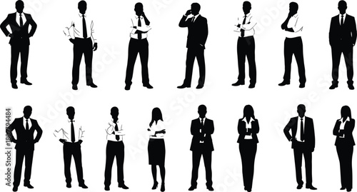 Set of business people silhouettes standing in rows, men and women in suits, corporate team vector illustration, professional staff collection