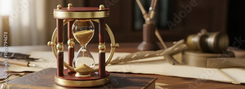 Hourglass time concept with a golden glow history and literature sand timer clock desk ancient time pen ink wood paper