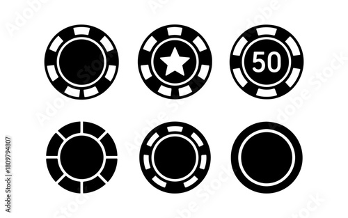 Set of six casino chips icons: black and white design for gaming themes