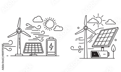 Solar Panel Systems, Wind Turbine Graphics, and Eco-Friendly Energy Storage Vector Set