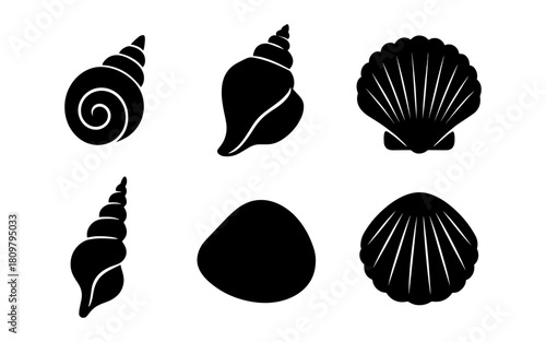 Minimalist seashell icons set with bold silhouette design for beach themes