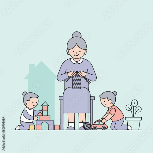 Illustration of a grandmother knitting while two grandchildren play with blocks and a toy car in a light green room.
