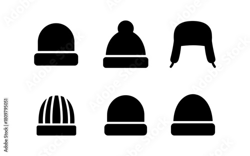 Set of six winter hat icons in minimalist silhouette style