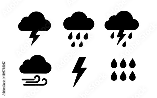Weather icons set: storm, rain, thunder, wind, lightning, and cloud symbols