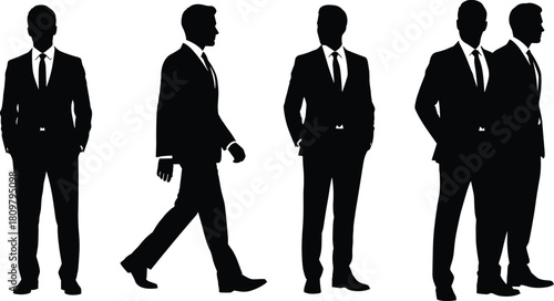 Set of businessmen silhouettes in suits and ties, walking and standing poses, corporate executive vector illustration, professional team concept, formal attire