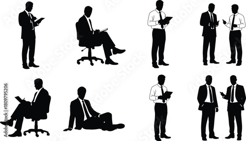 Set of businessmen silhouettes, men sitting on chairs and floor, standing talking, corporate vector illustration collection, office worker poses