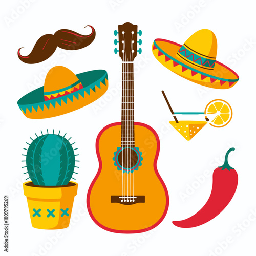 Mexican Fiesta Icons Illustration – Sombrero Hats, Guitar, Cactus, Chili Pepper & Margarita Glass.
