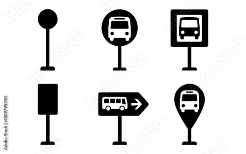 Simple black silhouette bus stop signs: icons for public transportation graphics