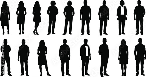 Set of diverse people silhouettes standing in rows, casual men and women vector illustration isolated on white, large group collection.