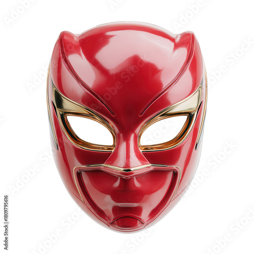 a striking red and gold mask with catlike ears and almond shaped eyes