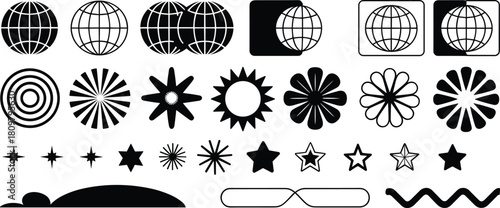 A collection of vector icons including globes, suns, stars, and abstract graphic design elements in black and white, for creative projects