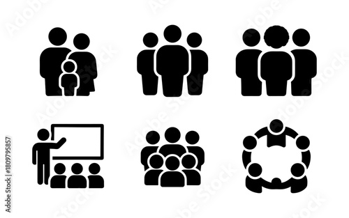 Silhouette icons of groups and meetings: family, business, and education