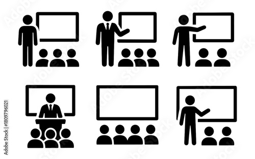 Silhouette icons of presentations and lectures with audience