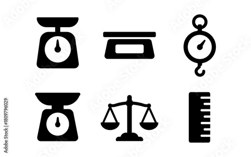 Set of measuring tools silhouettes: scales, balance, ruler, and stopwatch icons