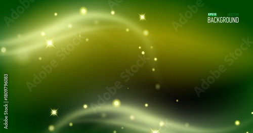 Green christmas glitter background with stars. Festive glowing blurred texture.