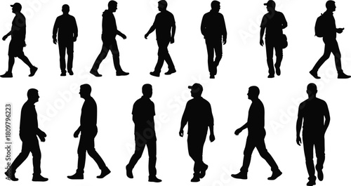 Set of walking men silhouettes, casual male figures moving forward, pedestrians side view, active people vector illustration collection, isolated