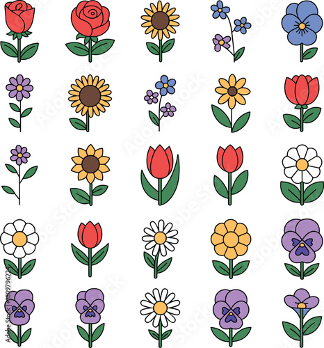 Collection of cartoon flowers vector illustration set, rose, tulip, daisy, sunflower, pansy, blossom, spring, nature, cute garden graphic.