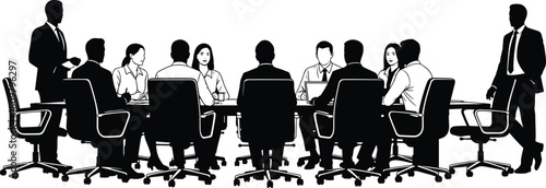 Silhouette of business meeting, corporate team sitting at conference table, boardroom discussion, black and white vector illustration, isolated.